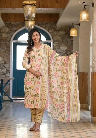 Stylish Cotton Blend Printed Straight Kurtis Bottom and Dupatta Set