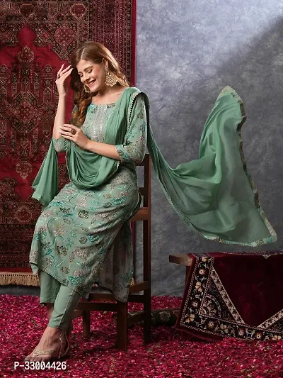 Stylish Green Rayon Floral Kurta Bottom and Dupatta Set For Women-thumb0