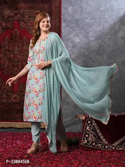 Stylish Turquoise Rayon Printed Kurta Bottom and Dupatta Set For Women-thumb5