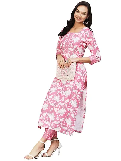 Stylish Cotton Blend Printed Straight Kurtis Bottom Set