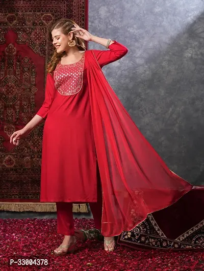 Stylish Red Rayon Embroidered Kurta Bottom and Dupatta Set For Women-thumb5