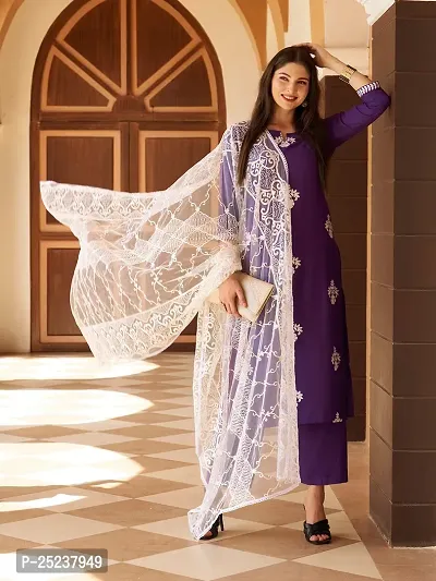 Designer Womens Purple Cotton Blend Straight Printed Kurta With Palazzos and Dupatta-thumb0