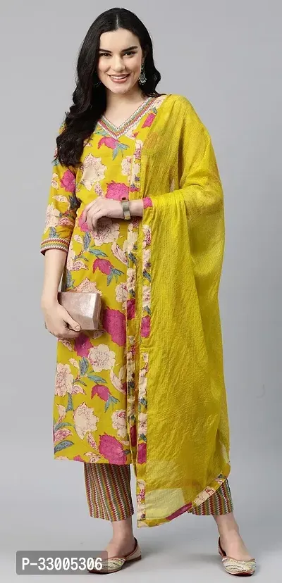 Stylish Mustard Rayon Floral Kurta Bottom and Dupatta Set For Women-thumb0