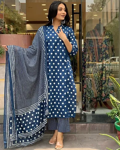 Stylish Rayon Printed Straight Kurtis with Bottom And Dupatta Set