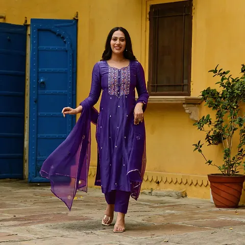 Stylish Embroidered Cotton Kurta, Bottom with Dupatta Set