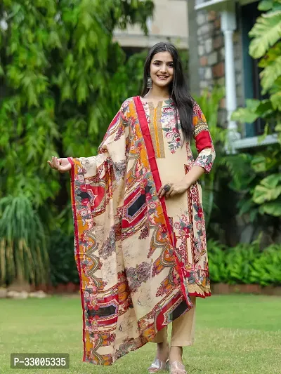 Stylish Beige Rayon Printed Kurta Bottom and Dupatta Set For Women-thumb0