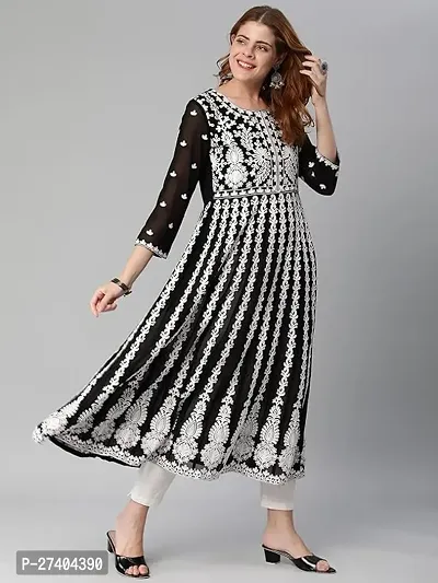 Attractive Black Printed Cotton Blend Anarkali Kurta Pant Set-thumb0