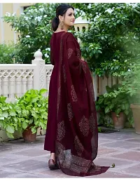 Anarkali Maroon Solid Cotton Blend Kurta, Bottom and Dupatta Set For Women-thumb1