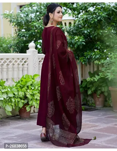 Anarkali Maroon Solid Cotton Blend Kurta, Bottom and Dupatta Set For Women-thumb2