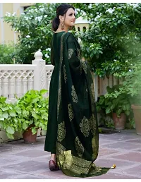 Anarkali Green Solid Cotton Blend Kurta, Bottom and Dupatta Set For Women-thumb1