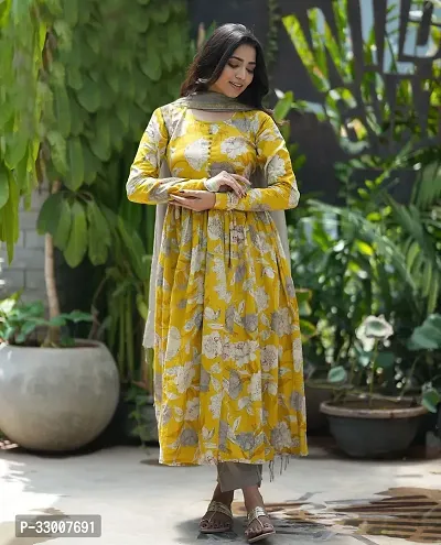 Stylish Yellow Rayon Printed Kurta Bottom and Dupatta Set For Women-thumb0