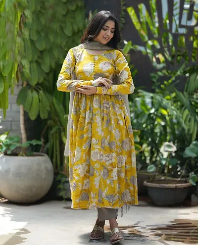 Stylish Rayon Printed Anarkali Kurtis Bottom and Dupatta Set