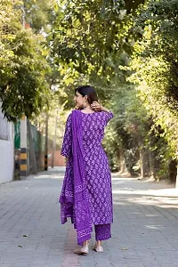 Attractive Purple Printed Cotton Blend Straight Kurta Pant Set With Dupatta-thumb1