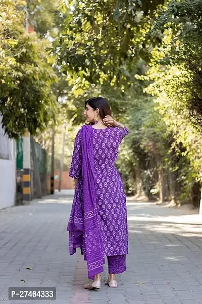 Attractive Purple Printed Cotton Blend Straight Kurta Pant Set With Dupatta-thumb2