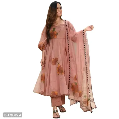 Stylish Womens Organza Printed Anarkali Kurta With Pant And Dupatta-thumb0