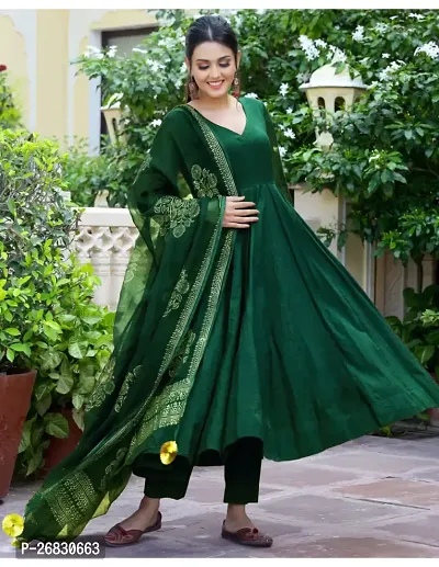 Anarkali Green Solid Cotton Blend Kurta, Bottom and Dupatta Set For Women-thumb0