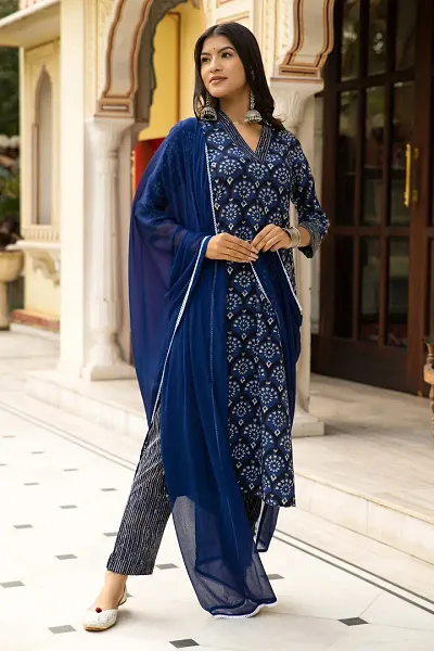 Trendy Cotton Blend Straight Printed Kurta with Bottom and Dupatta Set