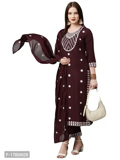 Stylish Womens Cotton Blend Embroidered Straight Kurta With Pant And With Dupatta