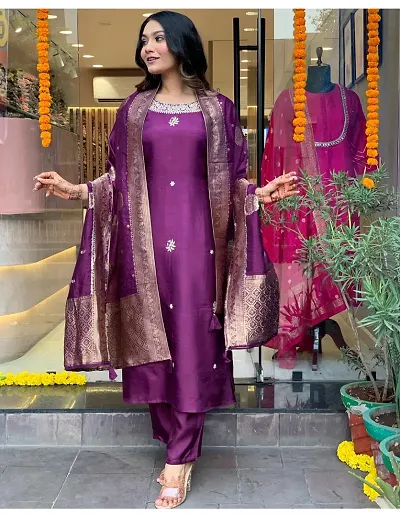 Straight Blend Kurta, Bottom and Dupatta Set For Women