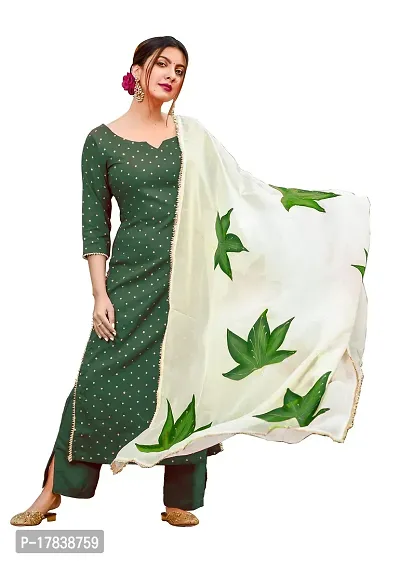 Stylish Womens Cotton Blend Solid And Embroidered Straight Printed Kurta With Pant And Dupatta