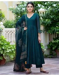 Anarkali Teal Solid Cotton Blend Kurta, Bottom and Dupatta Set For Women-thumb3