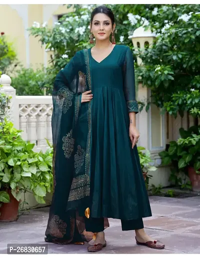 Anarkali Teal Solid Cotton Blend Kurta, Bottom and Dupatta Set For Women-thumb4