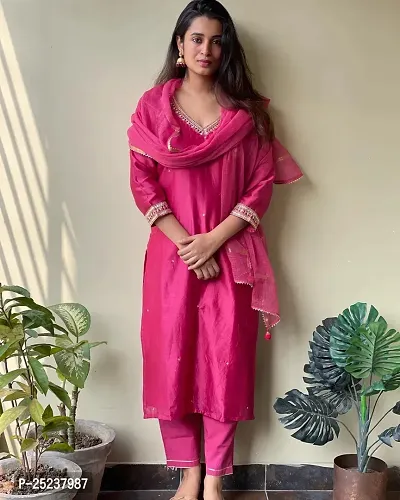 Designer Womens Pink Cotton Blend Solid Straight Kurta With Trousers and Dupatta-thumb0