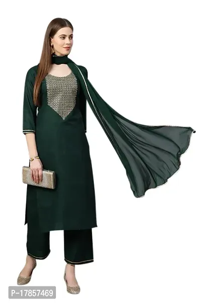 Stylish Womens Cotton Blend Solid And Embroidered Straight Printed Kurta With Pant And Dupatta-thumb0