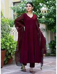 Anarkali Maroon Solid Cotton Blend Kurta, Bottom and Dupatta Set For Women-thumb3