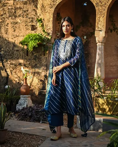 Stylish Cotton Blend Straight Embroidered Kurta With Bottom And Dupatta