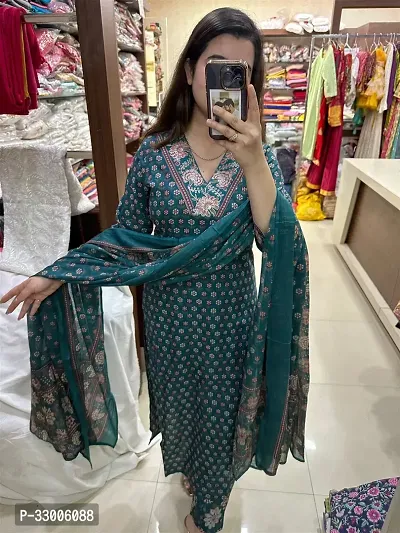 Stylish Green Rayon Printed Kurta Bottom and Dupatta Set For Women-thumb0