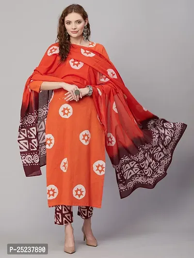 Designer Womens Cotton Blend Orange Straight Kurta With Trousers and Dupatta-thumb0