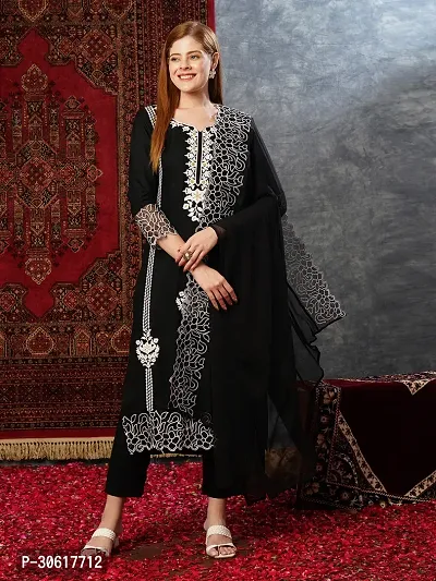 Elegant Cotton Blend Embroidered Kurta with Pant And Dupatta Set For Women-thumb0