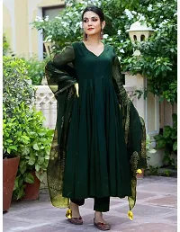 Anarkali Green Solid Cotton Blend Kurta, Bottom and Dupatta Set For Women-thumb2