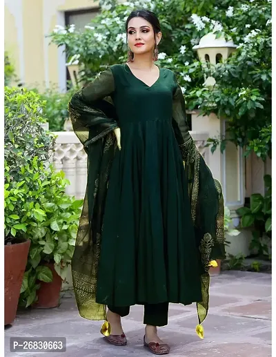 Anarkali Green Solid Cotton Blend Kurta, Bottom and Dupatta Set For Women-thumb3