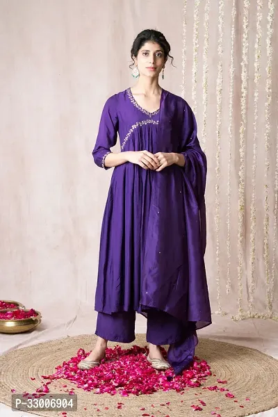 Stylish Purple Rayon Embroidered Kurta Bottom and Dupatta Set For Women-thumb0