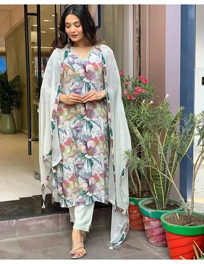 Trendy Cotton Blend Straight Printed Kurta with Bottom and Dupatta Set