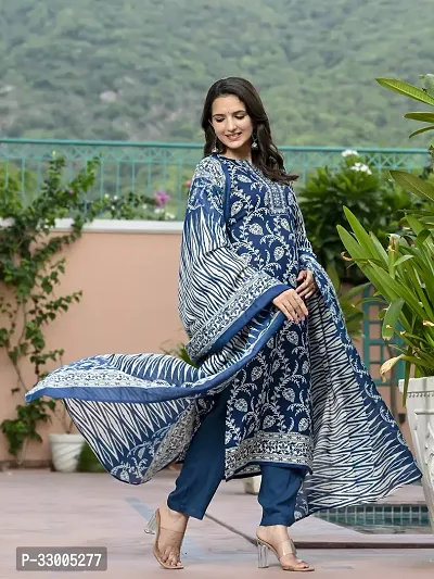 Stylish Blue Rayon Printed Kurta Bottom and Dupatta Set For Women-thumb3