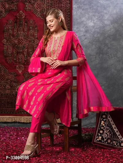 Stylish Pink Rayon Printed Kurta Bottom and Dupatta Set For Women