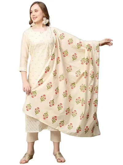 Stylish Cotton Straight Printed Kurta With Pant And Dupatta Set
