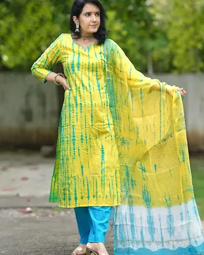 Stylish Cotton Blend Straight Self Pattern Kurta with Bottom With Dupatta Set