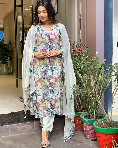 Trendy Cotton Blend Straight Printed Kurta with Bottom and Dupatta Set