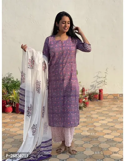 Straight Multicoloured Printed Cotton Blend Kurta, Bottom and Dupatta Set For Women