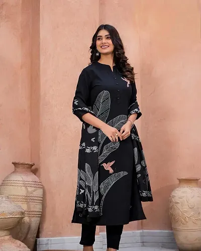 Stylish Rayon Printed Anarkali Kurtis with Bottom And Dupatta Set