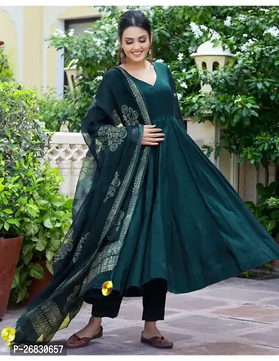 Anarkali Teal Solid Cotton Blend Kurta, Bottom and Dupatta Set For Women-thumb0