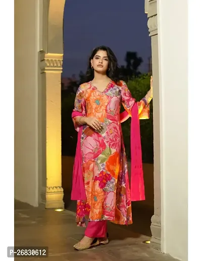 Straight Pink Printed Cotton Blend Kurta, Bottom and Dupatta Set For Women-thumb0