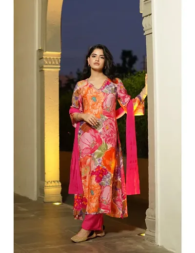 Trendy Cotton Blend Straight Printed Kurta with Bottom and Dupatta Set