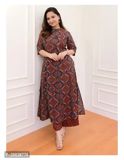 A-Line Maroon Printed Cotton Blend Kurta Bottom Set For Women-thumb2