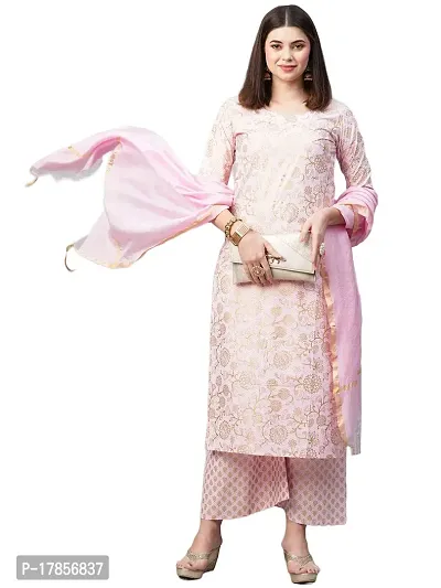 Stylish Womens Cotton Blend Printed Straight Kurta With Palazzos And Dupatta-thumb0