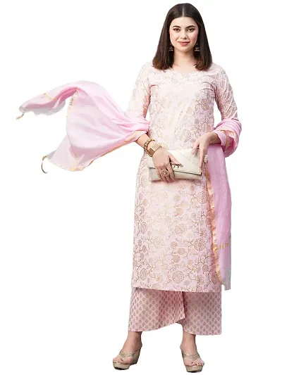 Stylish Cotton Straight Printed Kurta With Pant And Dupatta Set